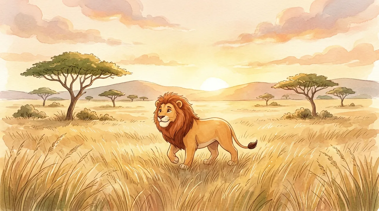 A mighty lion in the savanna among acacia trees